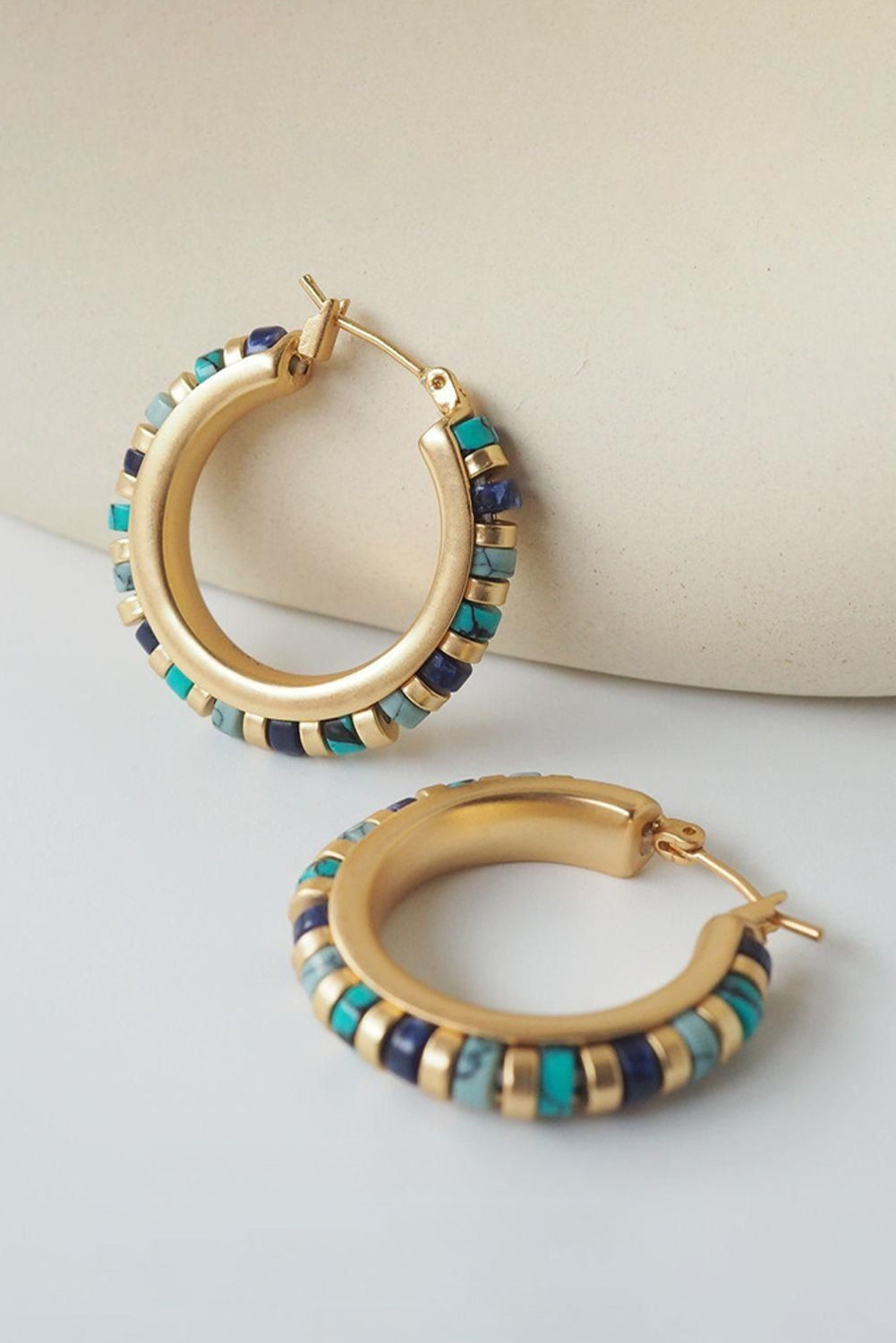 Gold Boho Beaded Turquoise Hoop Earrings