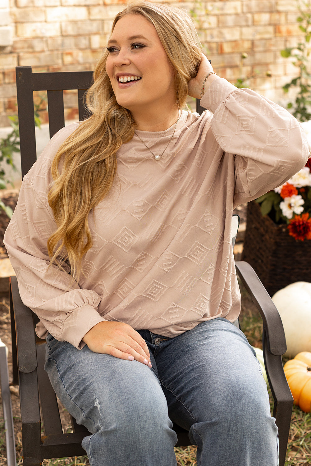 Parchment Plus Size Textured Drop Shoulder Crew Neck Sweatshirt