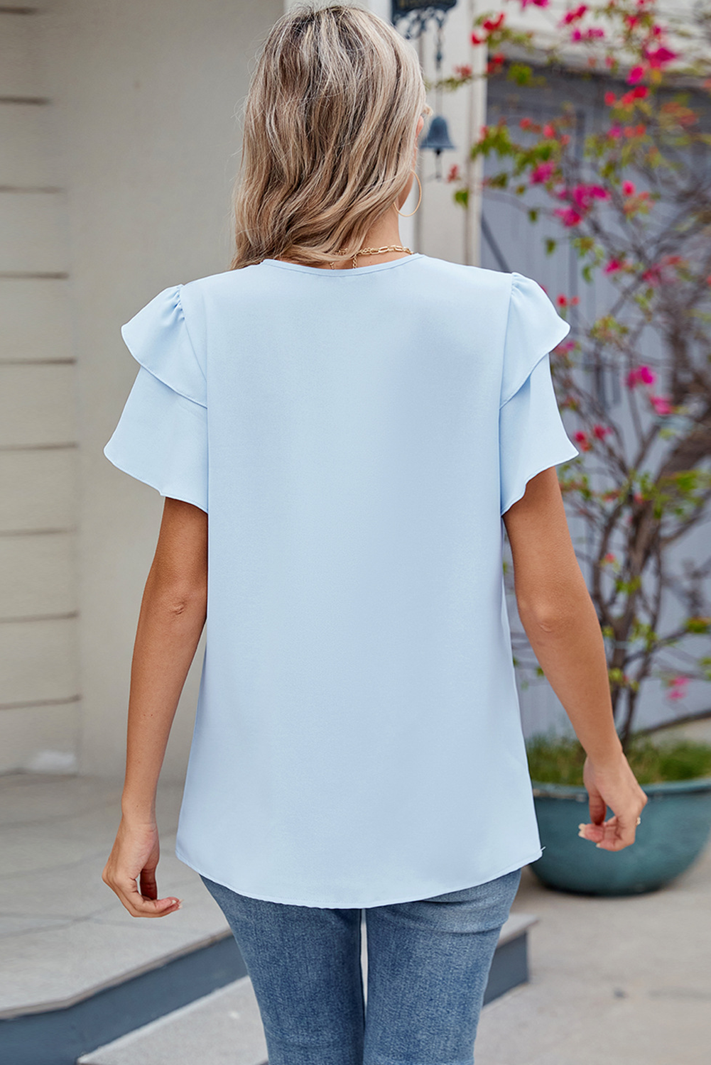 Myosotis Layered Ruffle Sleeve Pleated Round Neck Blouse