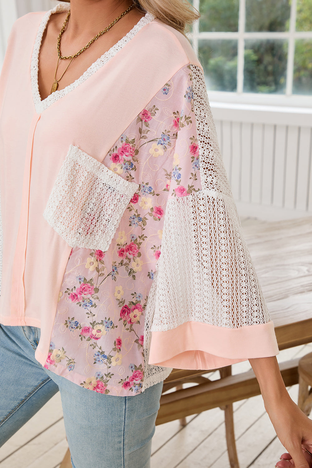 Delicacy Floral Crochet Patchwork Batwing Sleeve Blouse