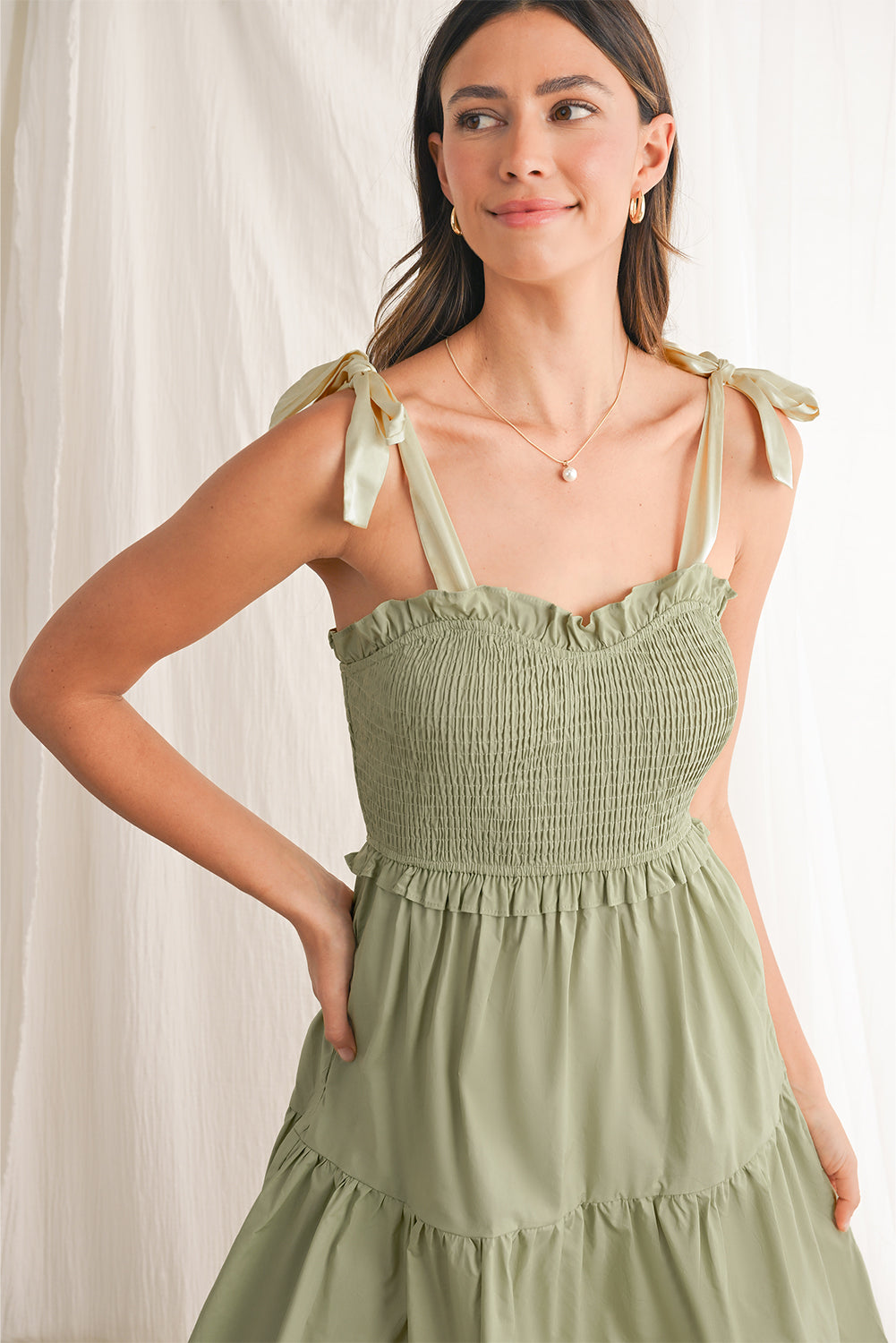 Laurel Green Tie Strap Frill Detail Smocked Mini Dress