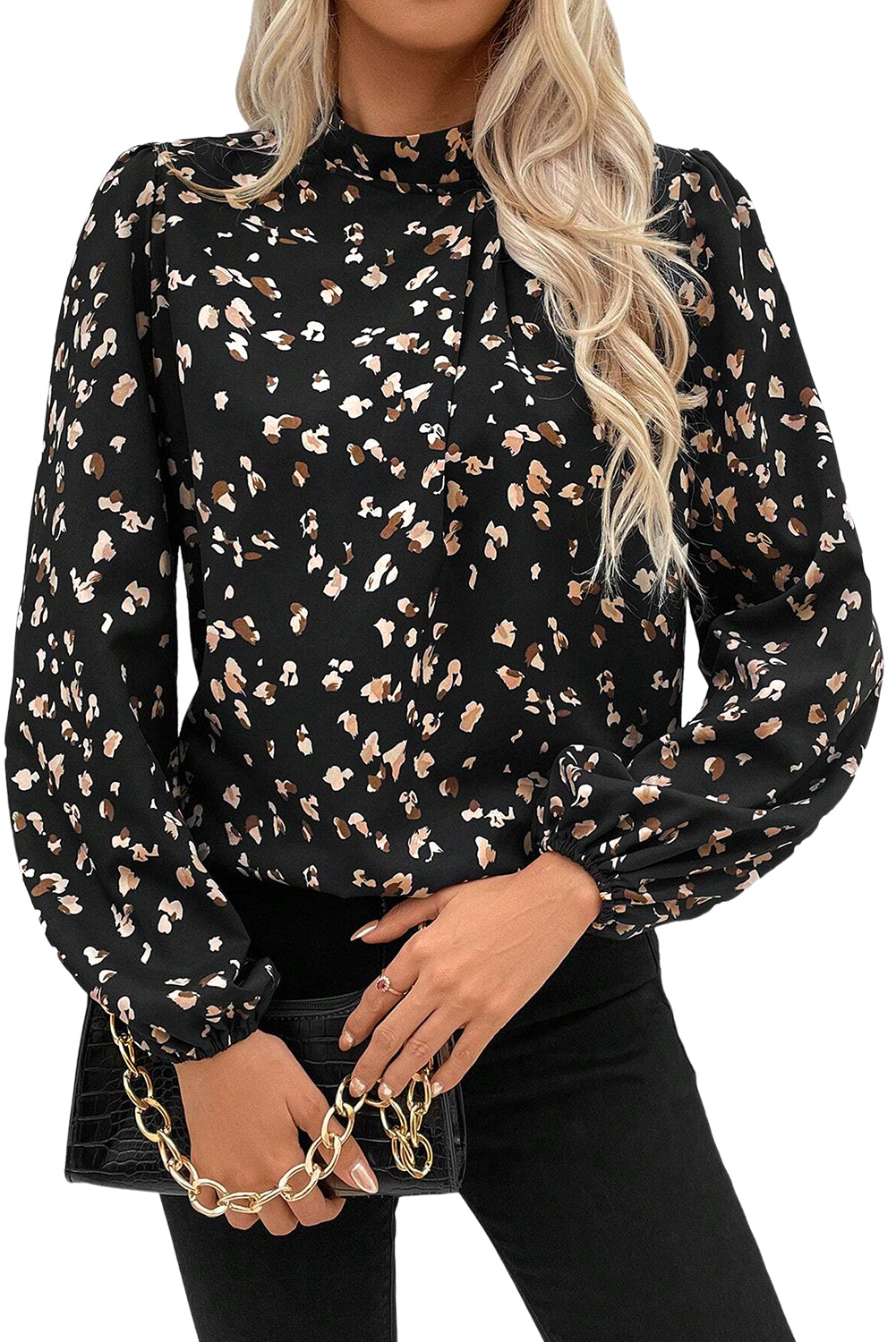 Black Leopard Print Puff Sleeve Mock Neck Pleated Blouse