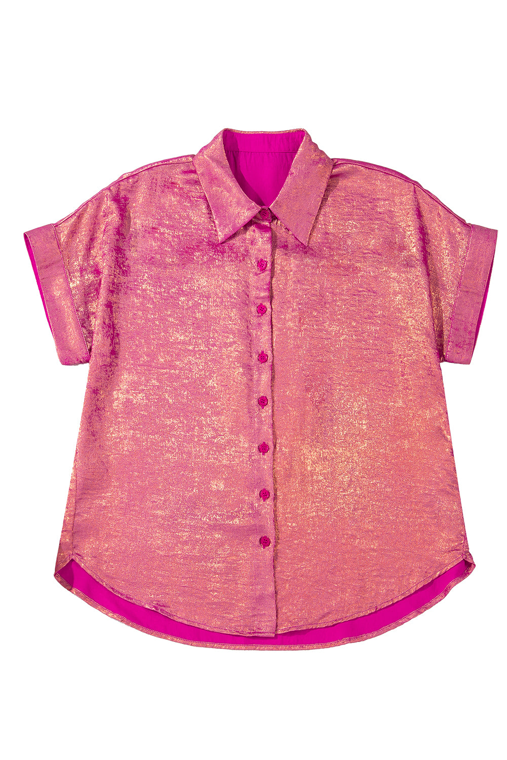 Rose Red Metallic Sheen Short Sleeve Buttoned Front Shirt