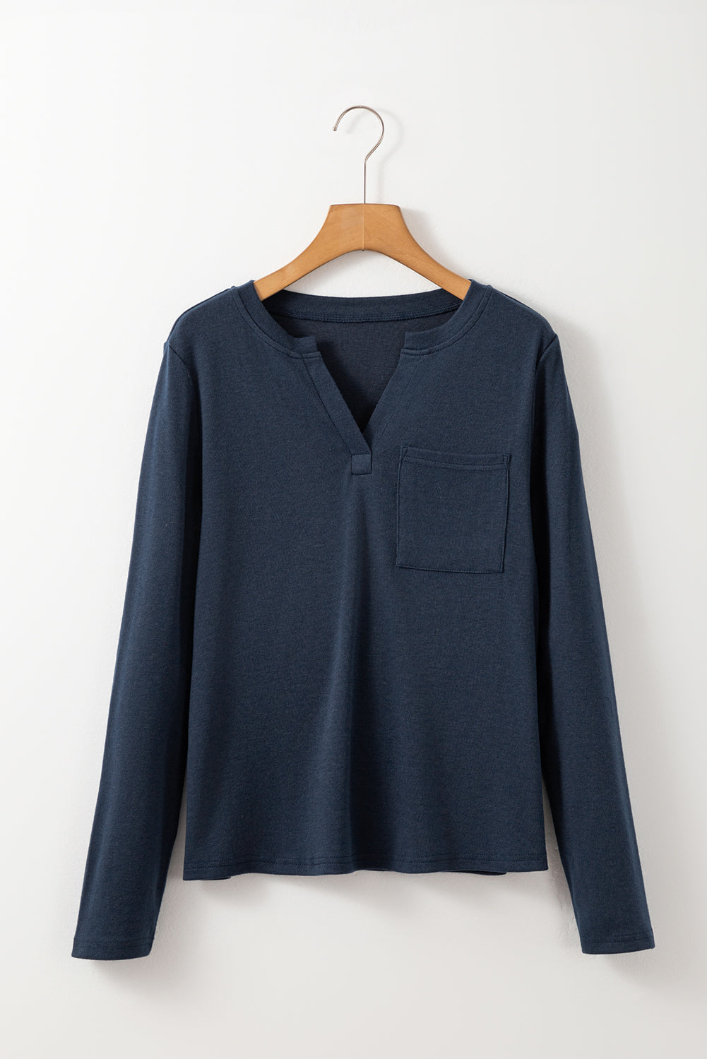 Dirty Blue Pocketed Notch V Neck Plain Top