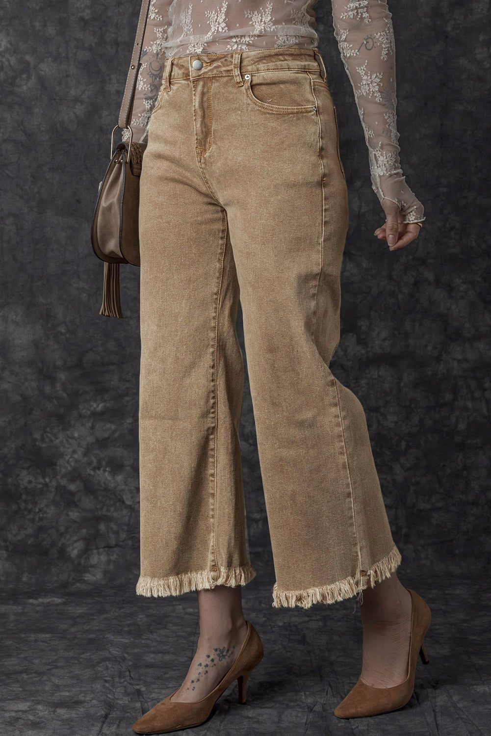 Light French Beige Acid Washed High Rise Cropped Jeans