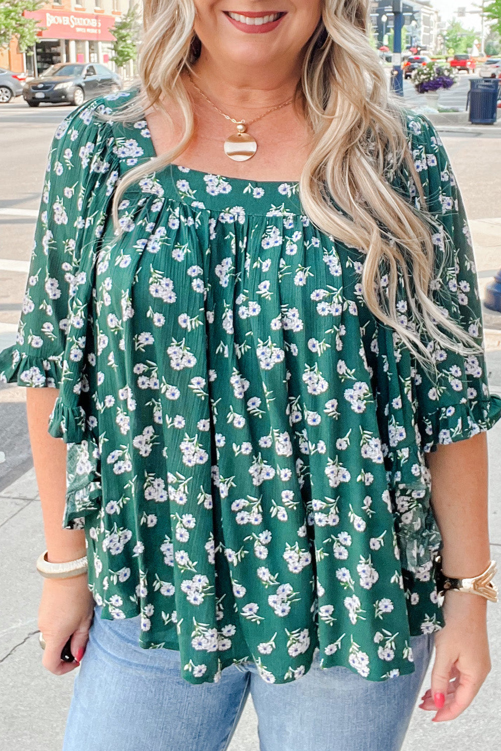 Green Floral Print Square Neck Ruffle Trim Plus Size Blouse