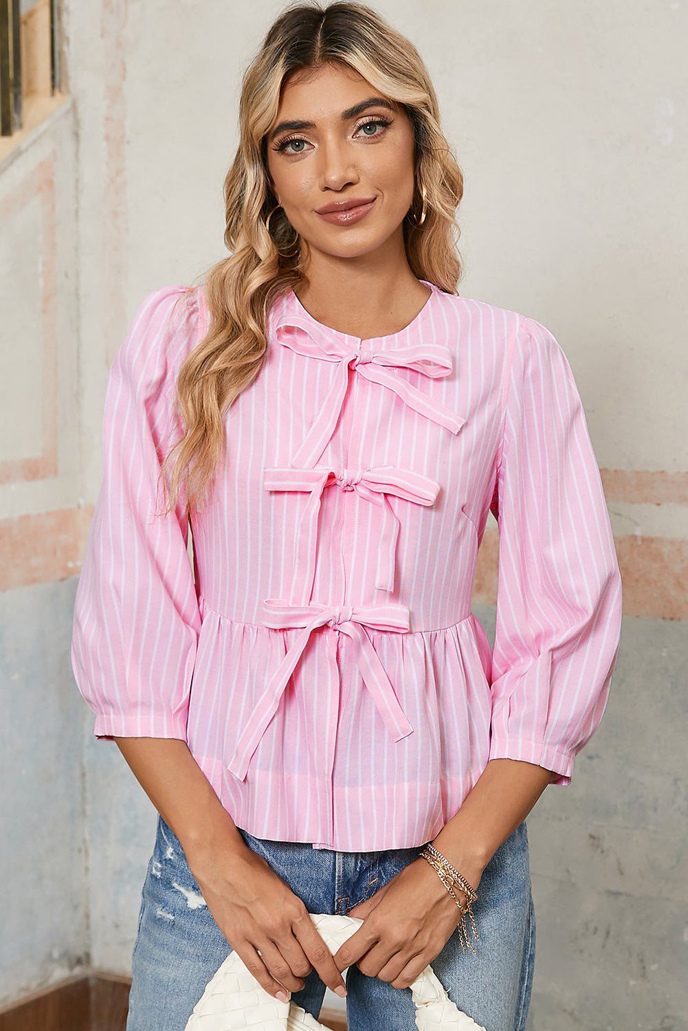 Pink Striped Print Sweet Bow Tie Blouse