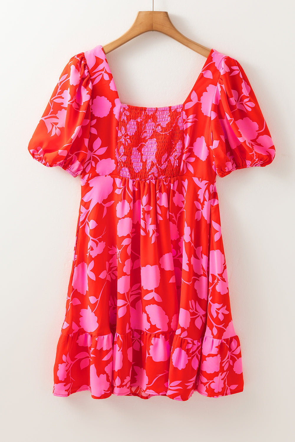 Red Floral Bubble Sleeve Sweetheart Neck Ruffled Mini Dress