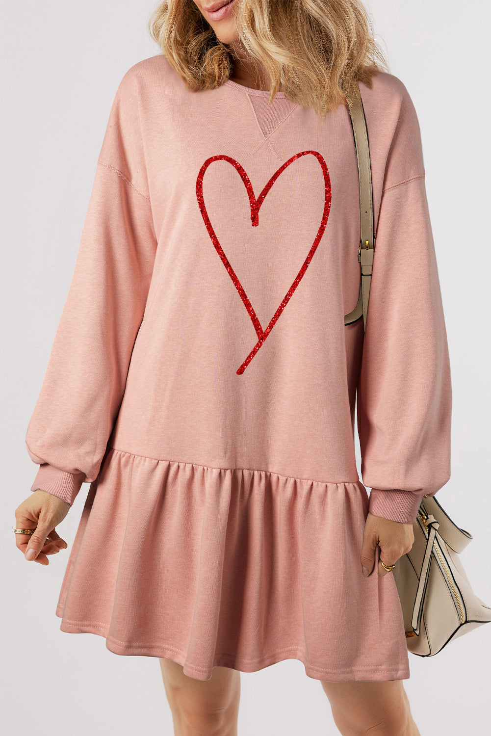 Dusty Pink Shimmer Heart Graphic Long Sleeve Ruffle Hem Dress