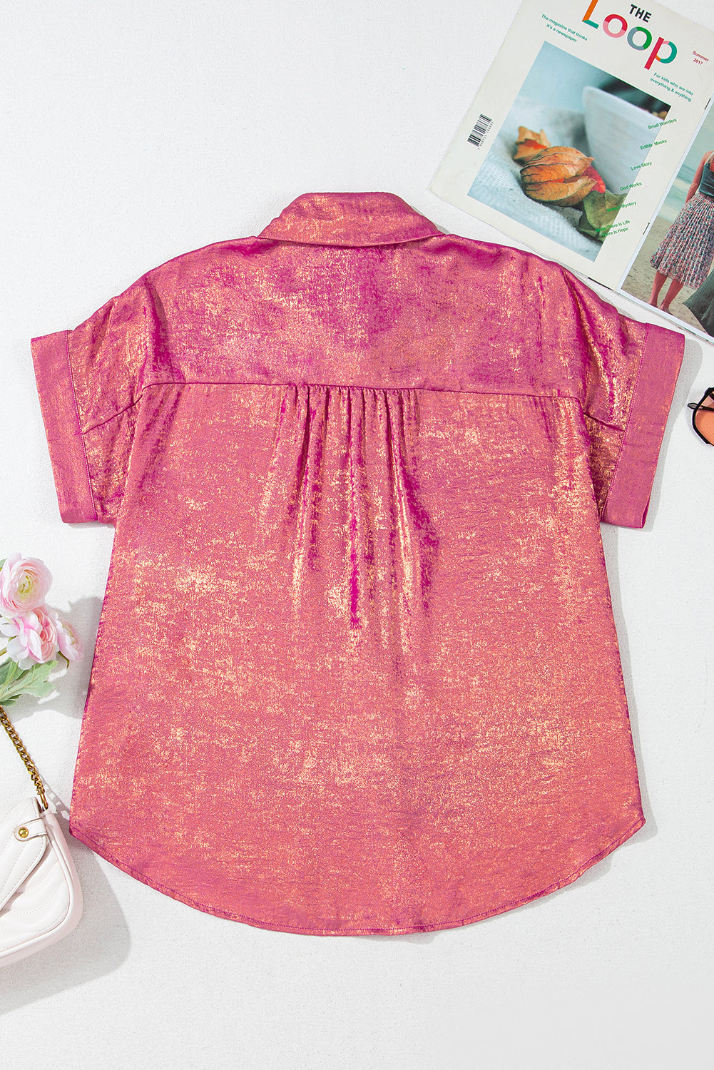 Rose Red Metallic Sheen Short Sleeve Buttoned Front Shirt