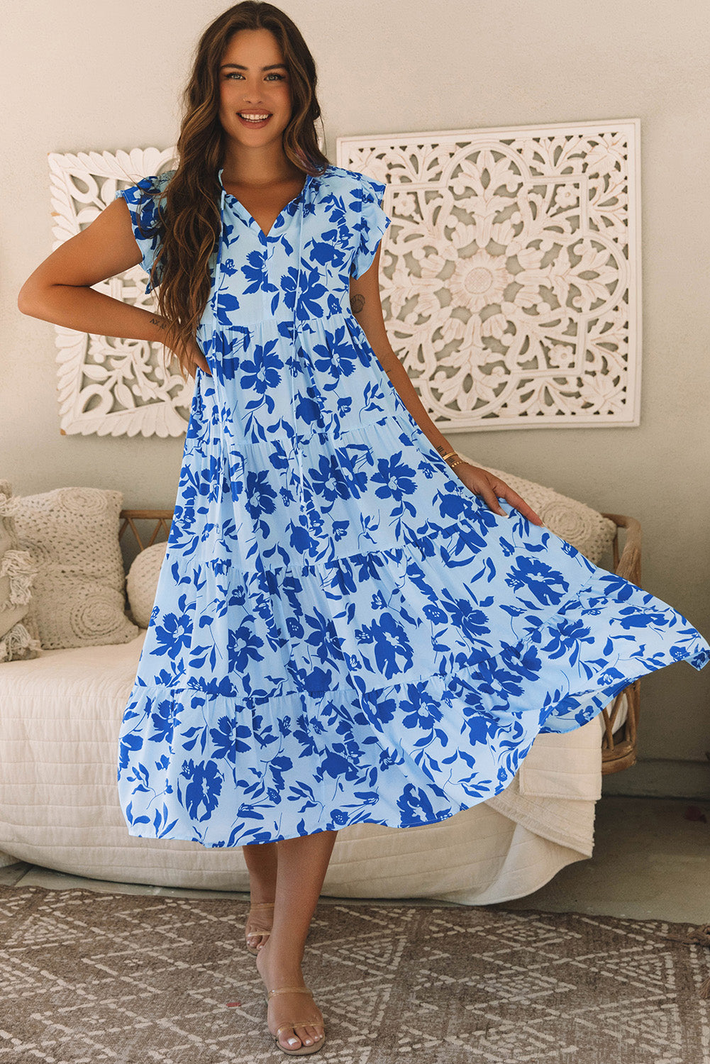 Sky Blue Floral Print Tiered Flutter Sleeve Maxi Dress