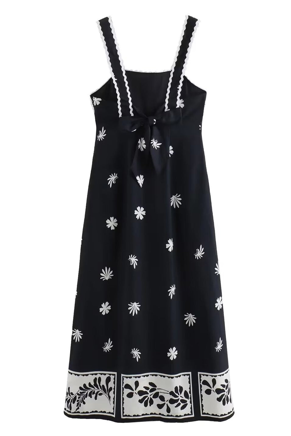 Black Floral Ricrac Sleeveless High Waist Midi Dress