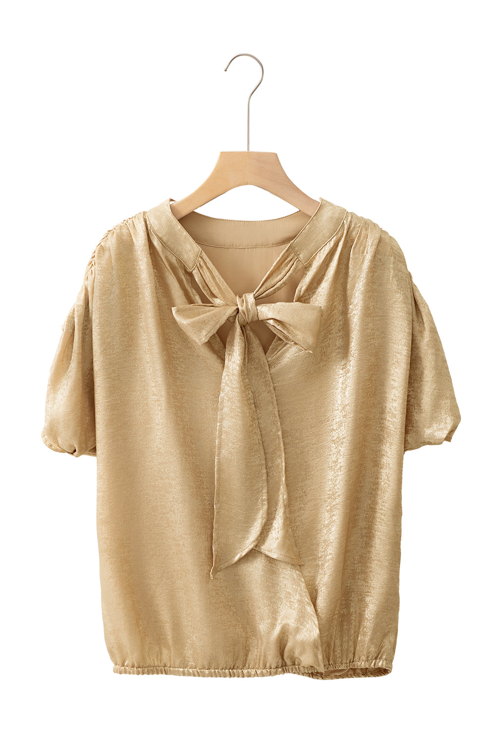 Gold Knot Back Casual Ruched Sleeve Blouse