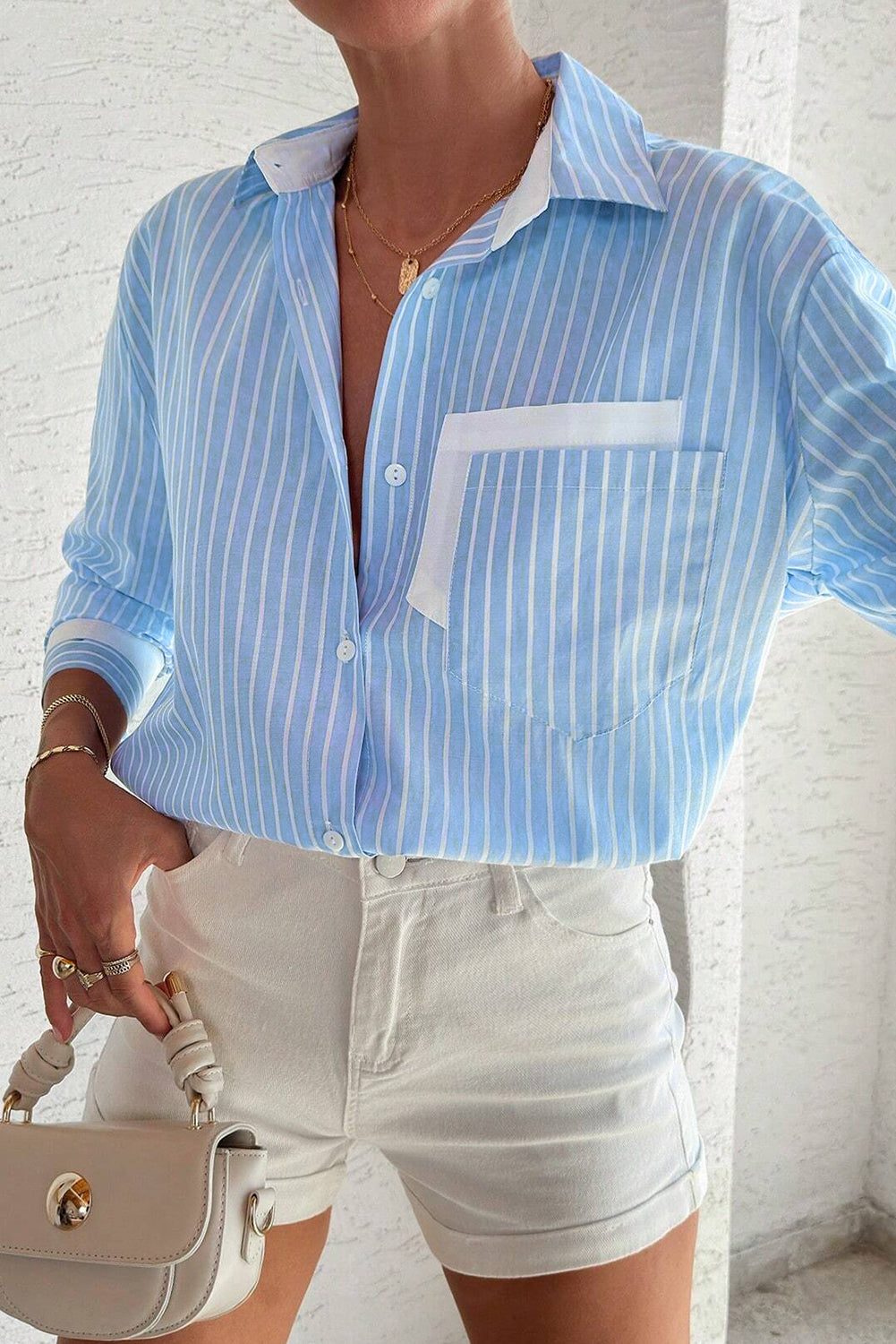 Sky Blue Stripe Contrast Patch Pocket Casual Shirt