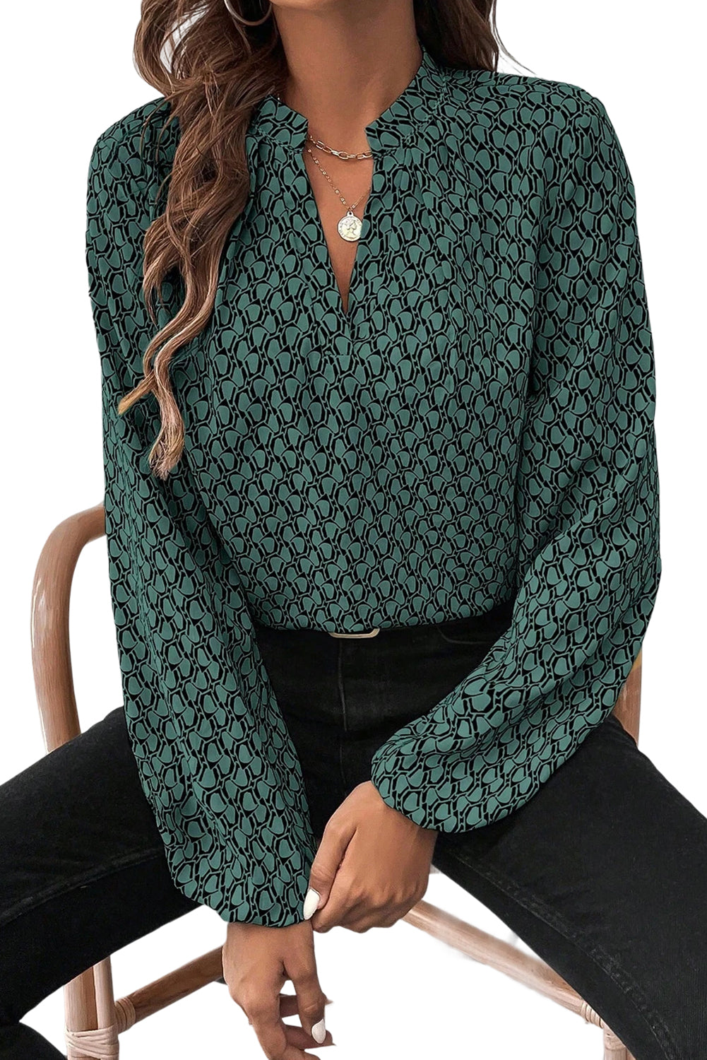 Green Geometric Print Notched Neck Long Sleeve Blouse