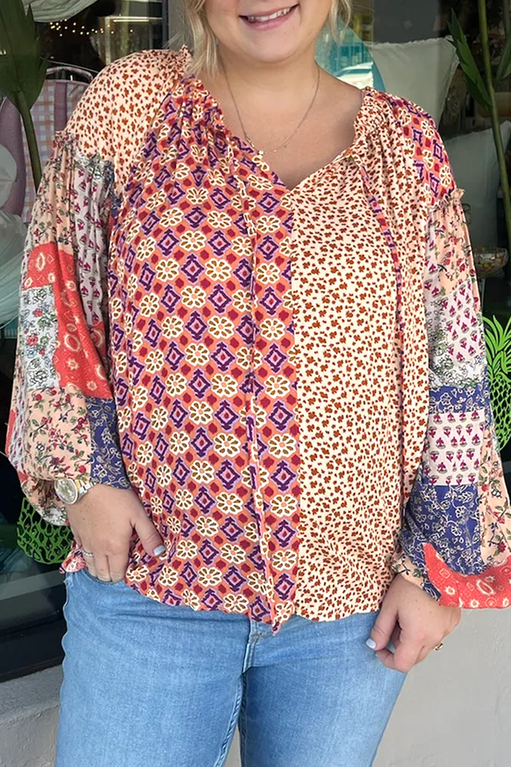 Orange Floral Geometric Patchwork Lace-up Plus Size Blouse