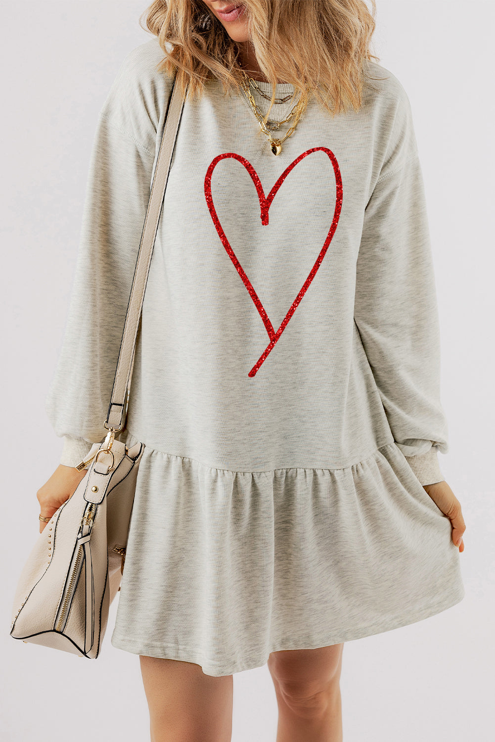 Dusty Pink Shimmer Heart Graphic Long Sleeve Ruffle Hem Dress