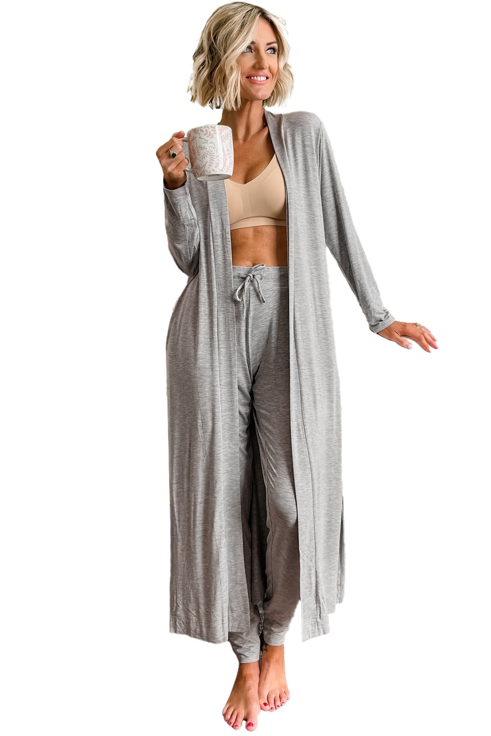 Parchment Split Long Cardigan and Skinny Pants Loungewear Set