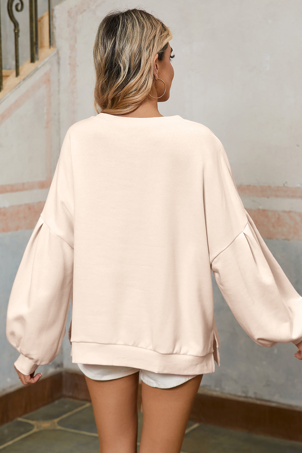 Light Pink Sweet Bow Lantern Sleeve Oversized Pullover Sweatshirt