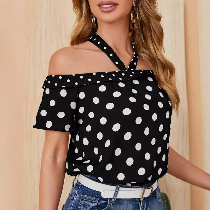 Polka Dot Off-shoulder Ribbon Halter Shirt Top For Women