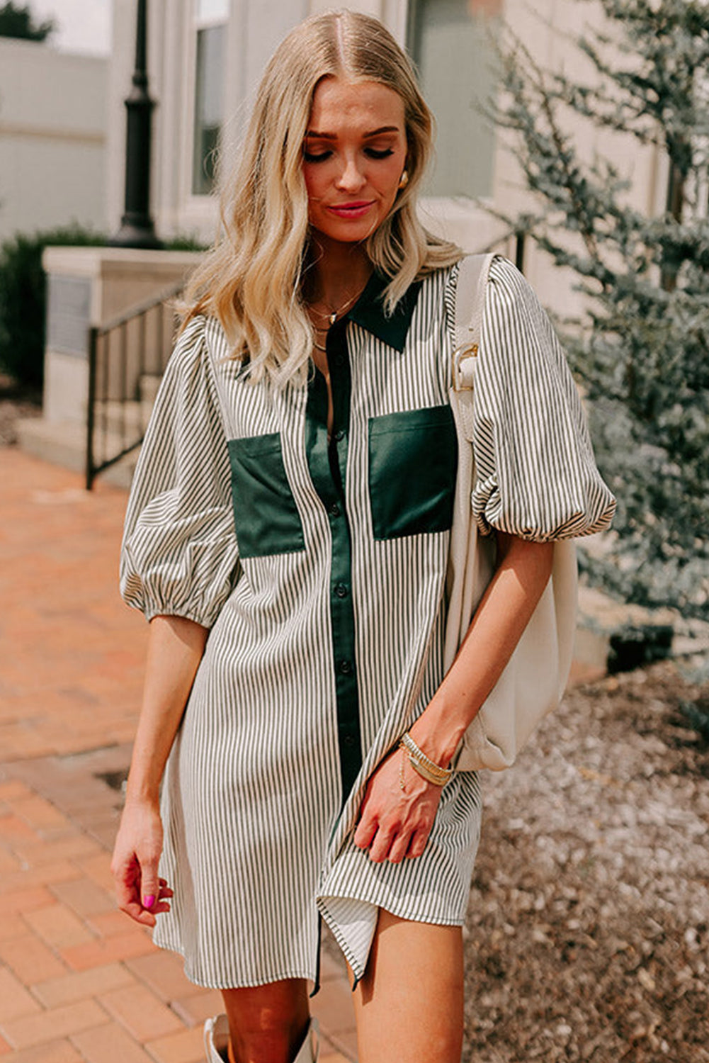 Green Patch Pockets Button Down Short Puff Sleeve Dress