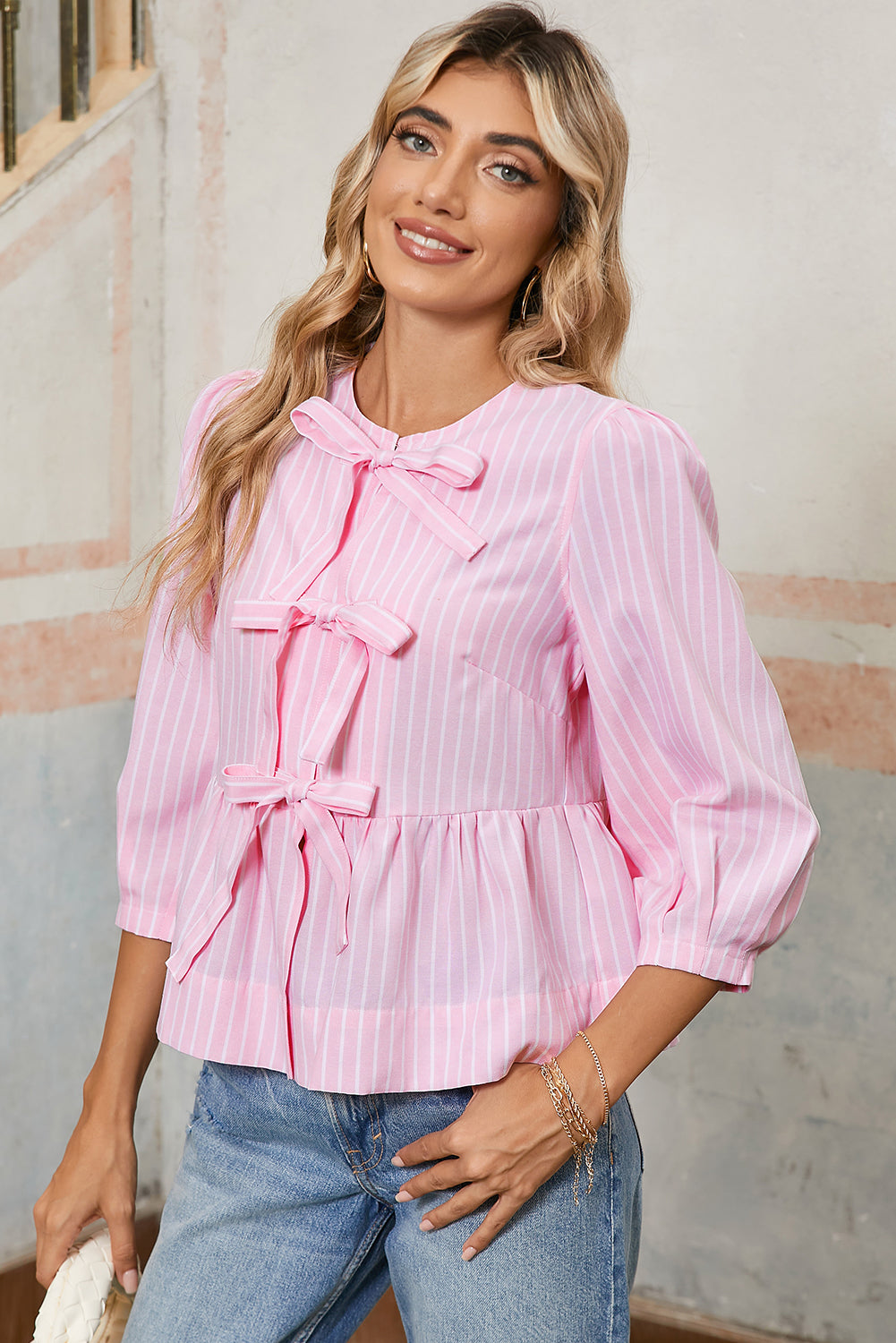 Pink Striped Print Sweet Bow Tie Blouse