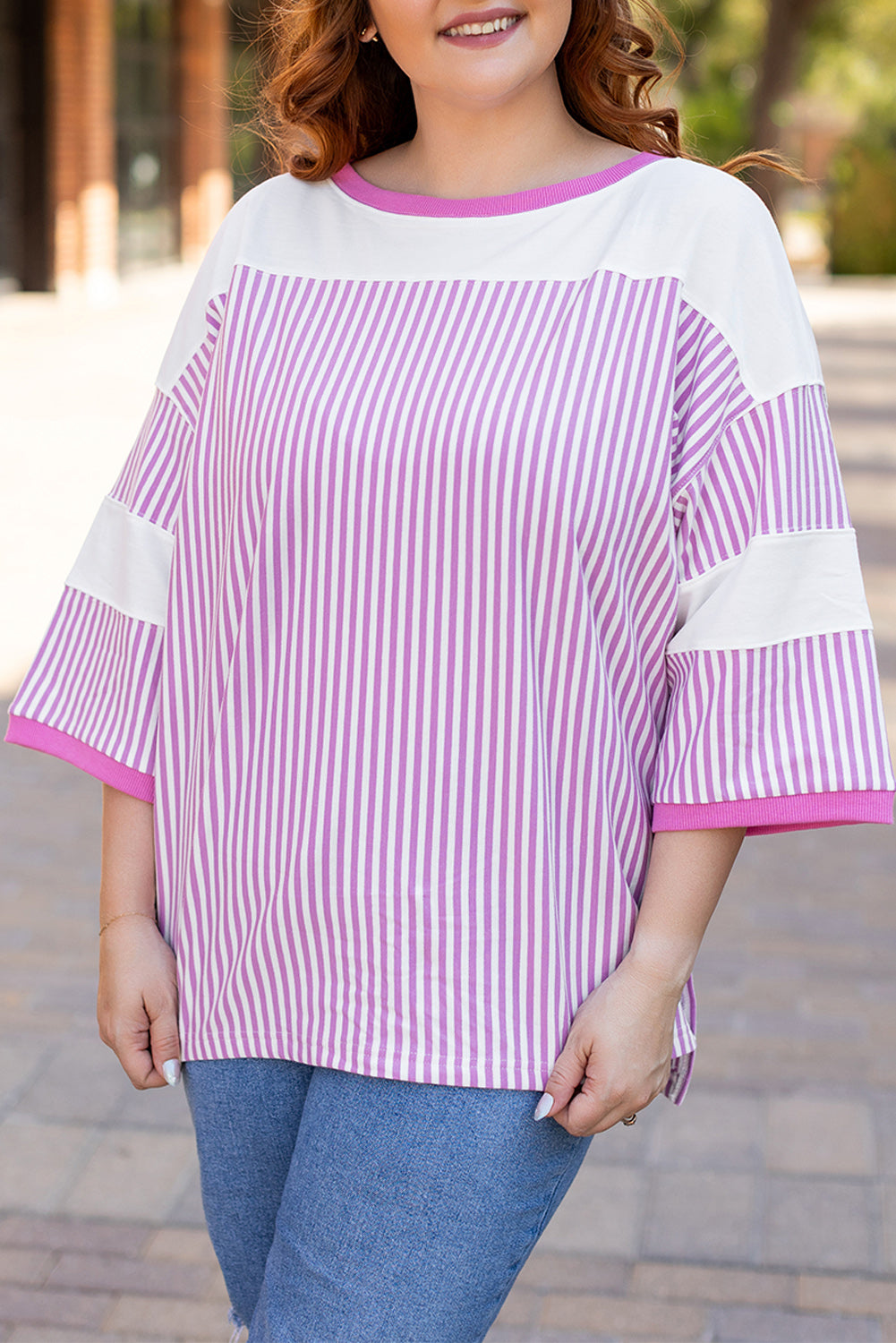 White Stripe Patchwork Bracelet Sleeve Plus Size T Shirt