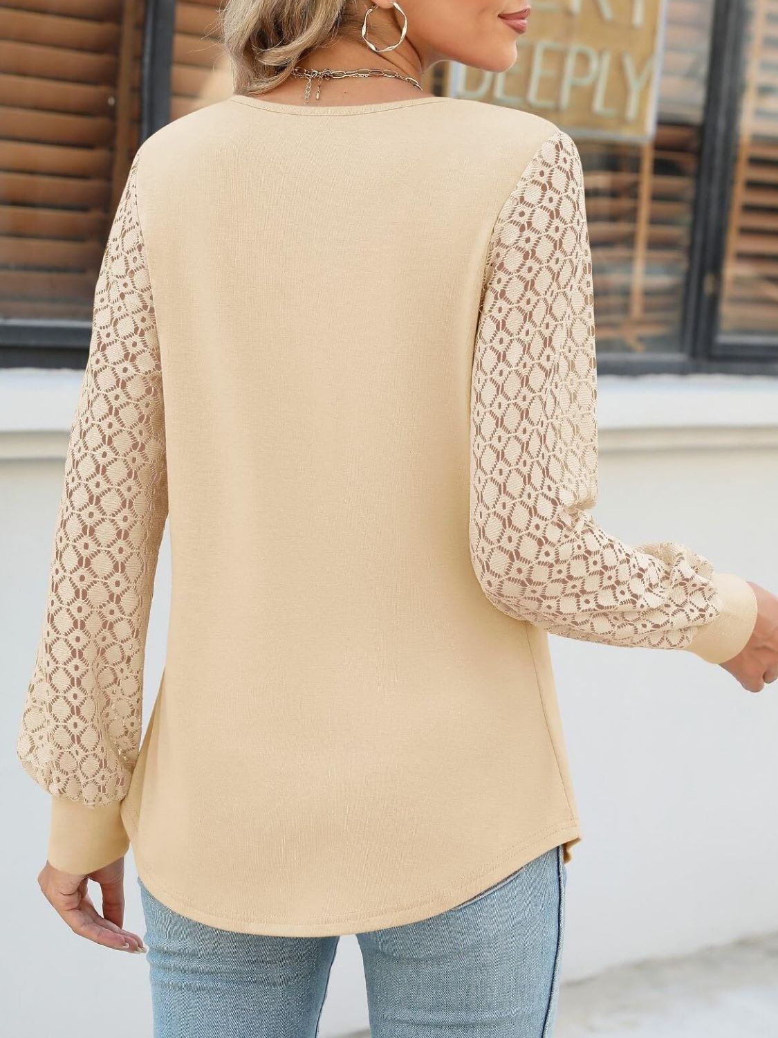 Cutout Round Neck Lace Long Sleeve Blouse