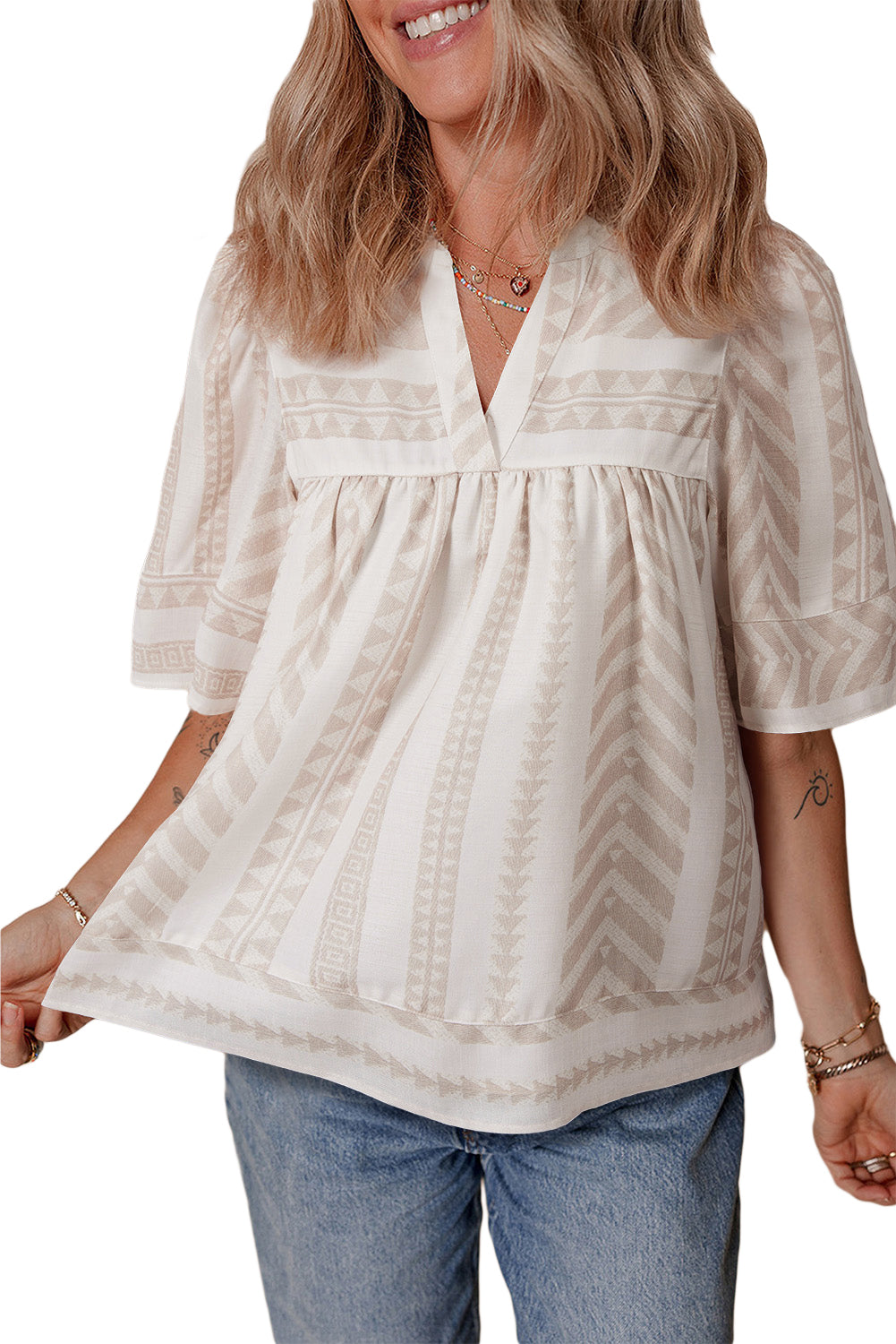 Jet Stream Geometric Jacquard Split V Neck Short Sleeve Blouse