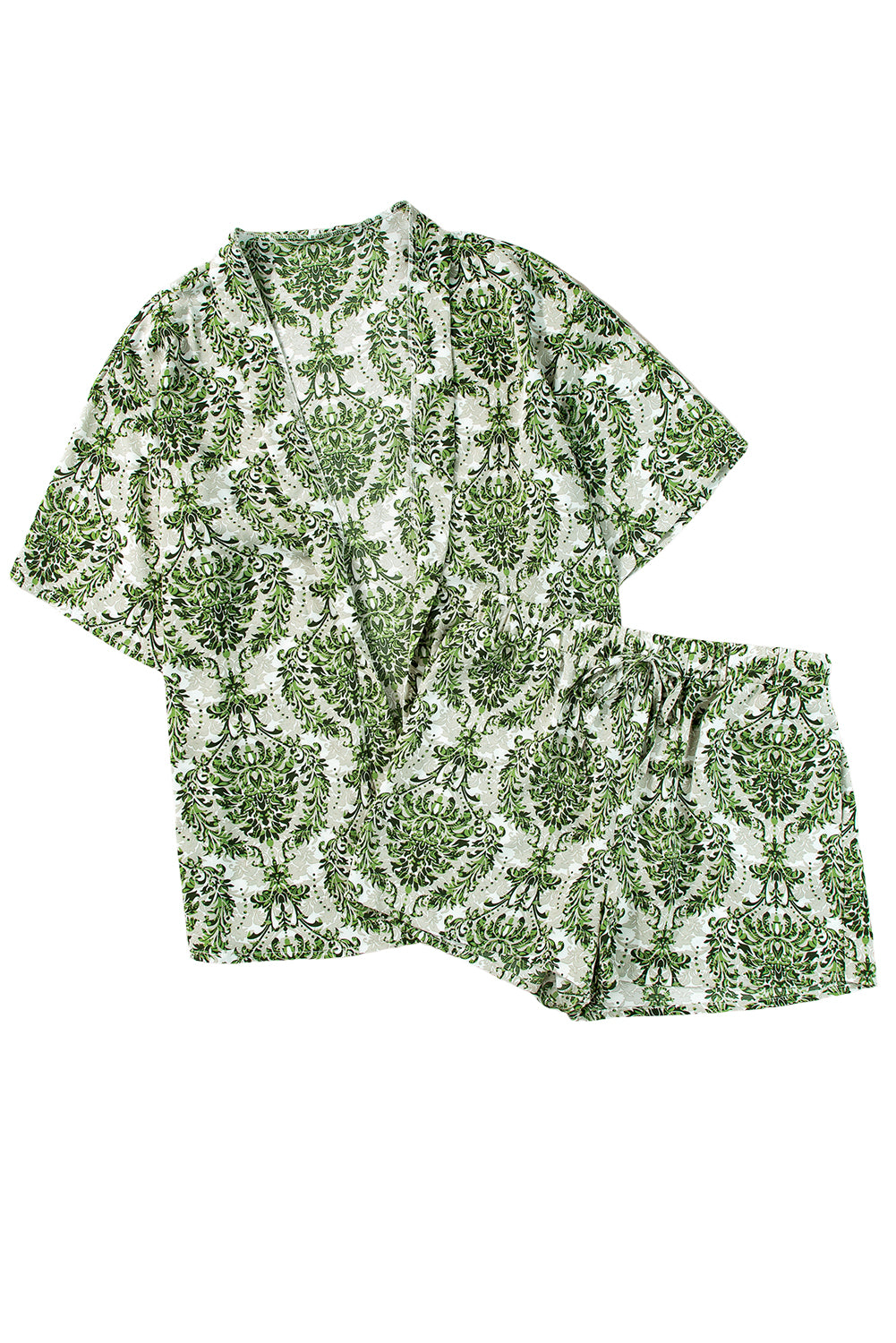 Green Floral Open Front Shirt and Drawstring Shorts Set