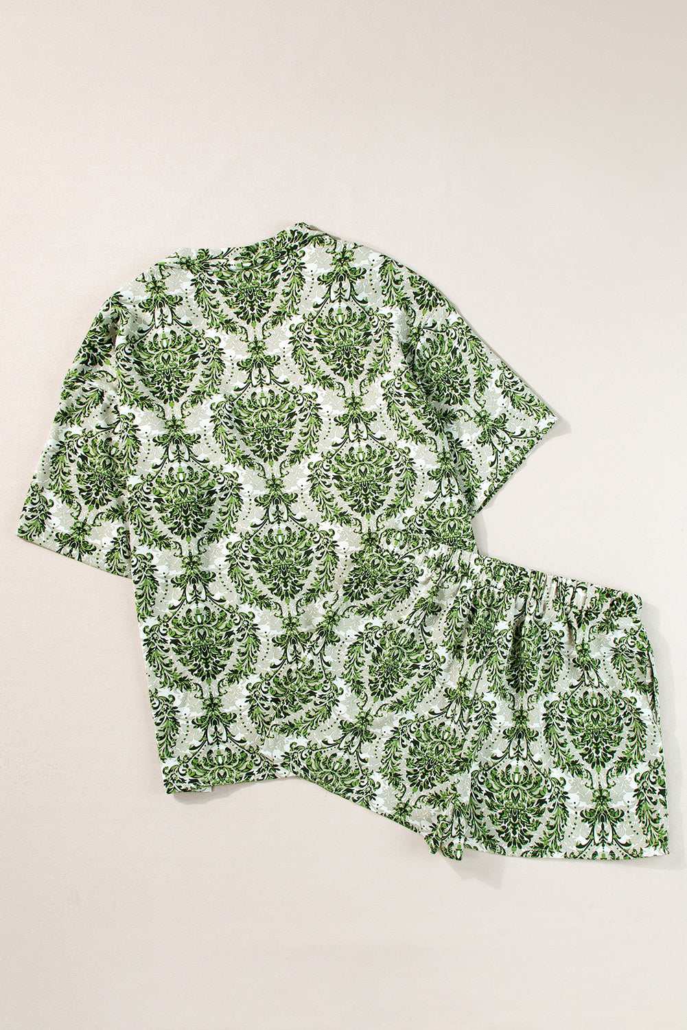 Green Floral Open Front Shirt and Drawstring Shorts Set