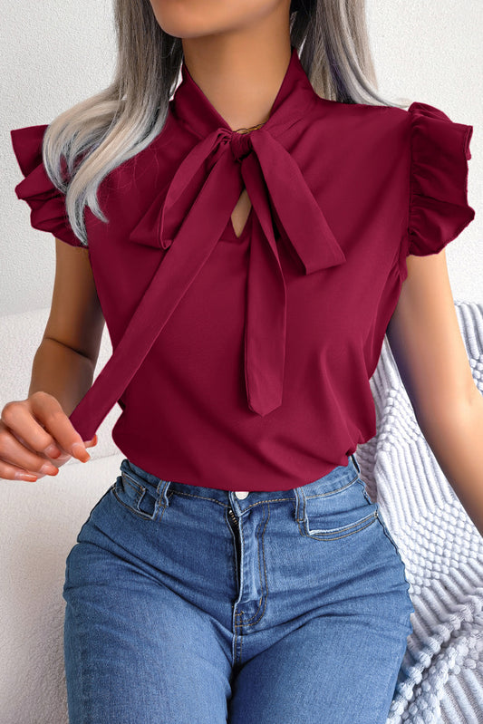 Burgundy Plain Bow Neck Ruffle Chiffon Blouse