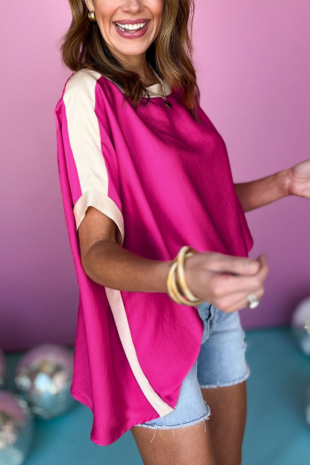 Rose Color Block Boat Neck Tunic Blouse