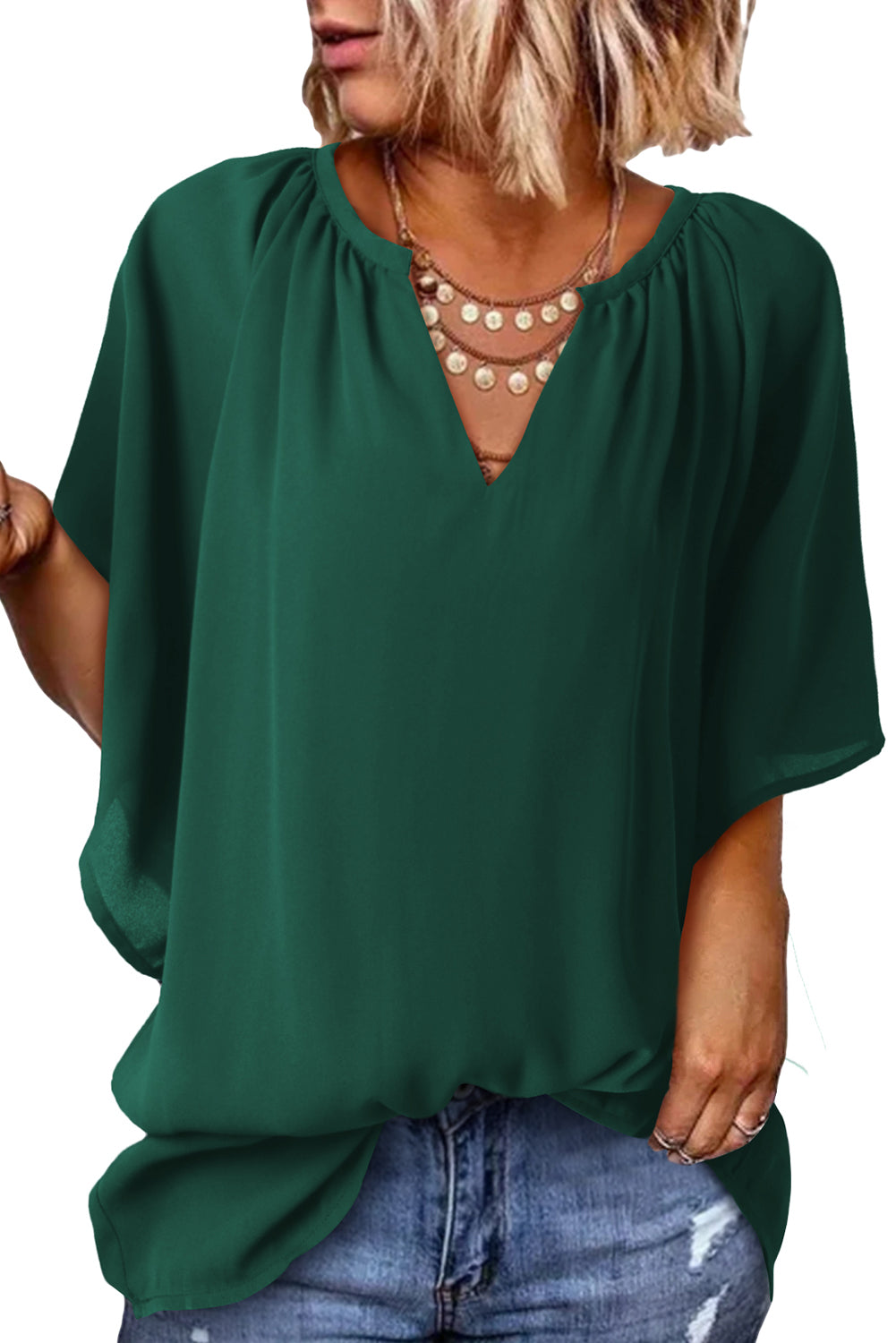 Green Casual Split Neck Pleated Loose Blouse