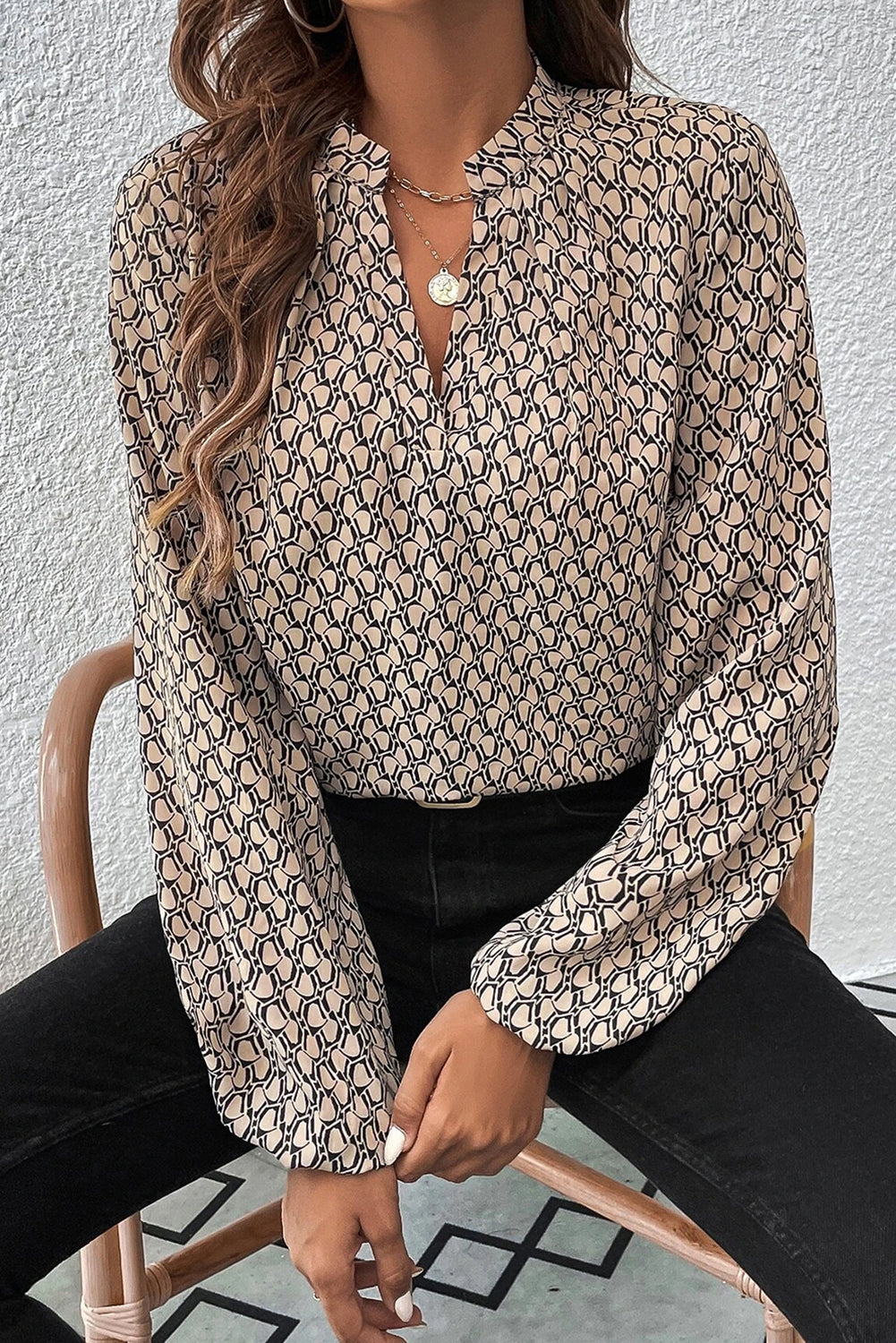 Green Geometric Print Notched Neck Long Sleeve Blouse