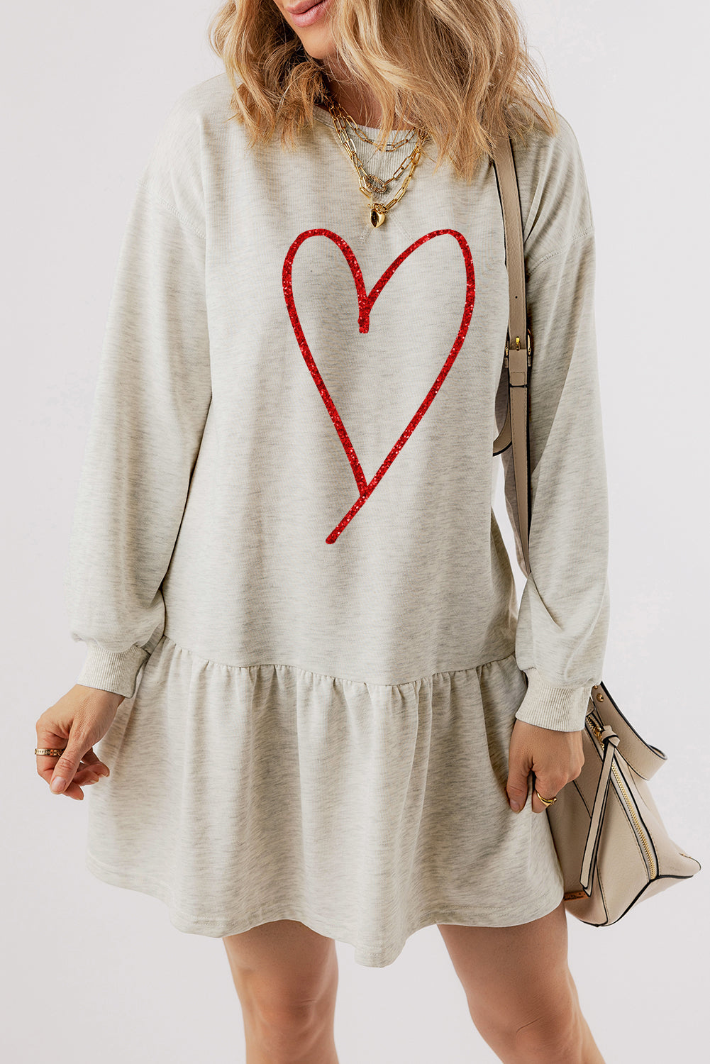 Dusty Pink Shimmer Heart Graphic Long Sleeve Ruffle Hem Dress