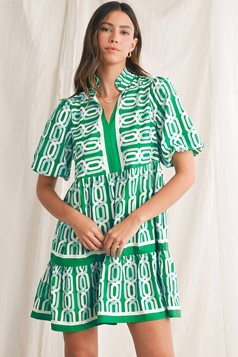 Bright Green Abstract Print V-Neck Puff Sleeve Mini Dress