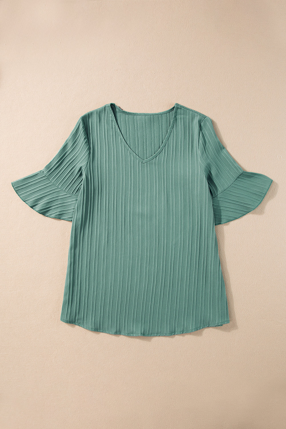 Beau Blue Ruffled Short Sleeve V Neck Textured Blouse