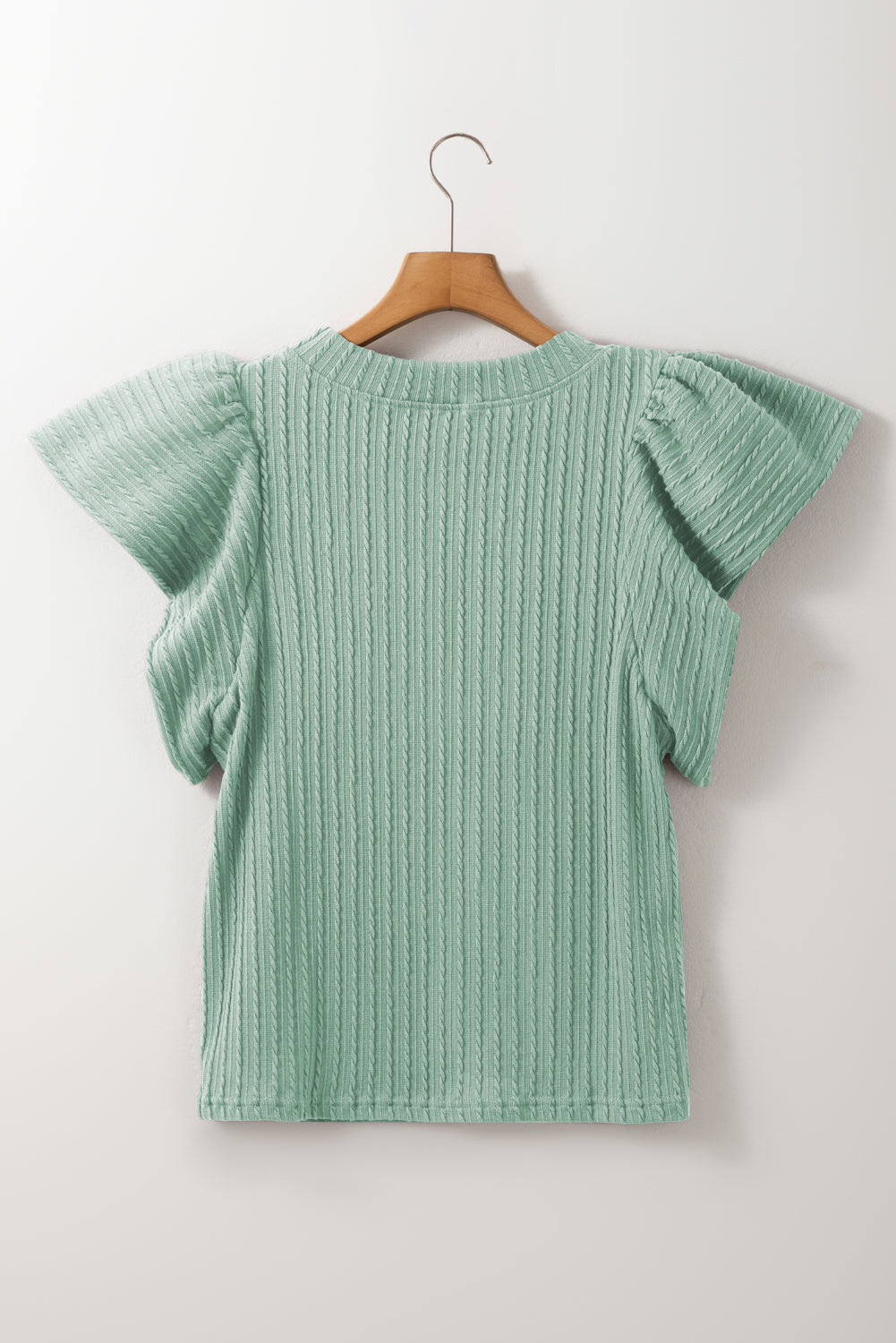 Moonlight Jade Solid Color Textured Ruffle Short Sleeve Knit Top