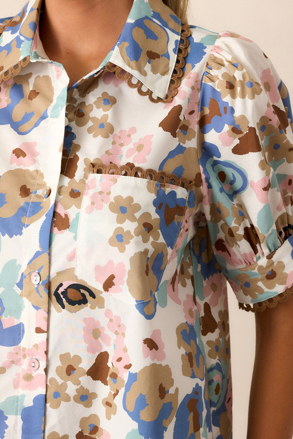 Multicolour Vintage 60s Flower Puff Sleeve Shirt