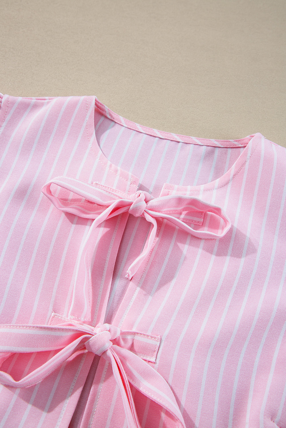 Pink Striped Print Sweet Bow Tie Blouse