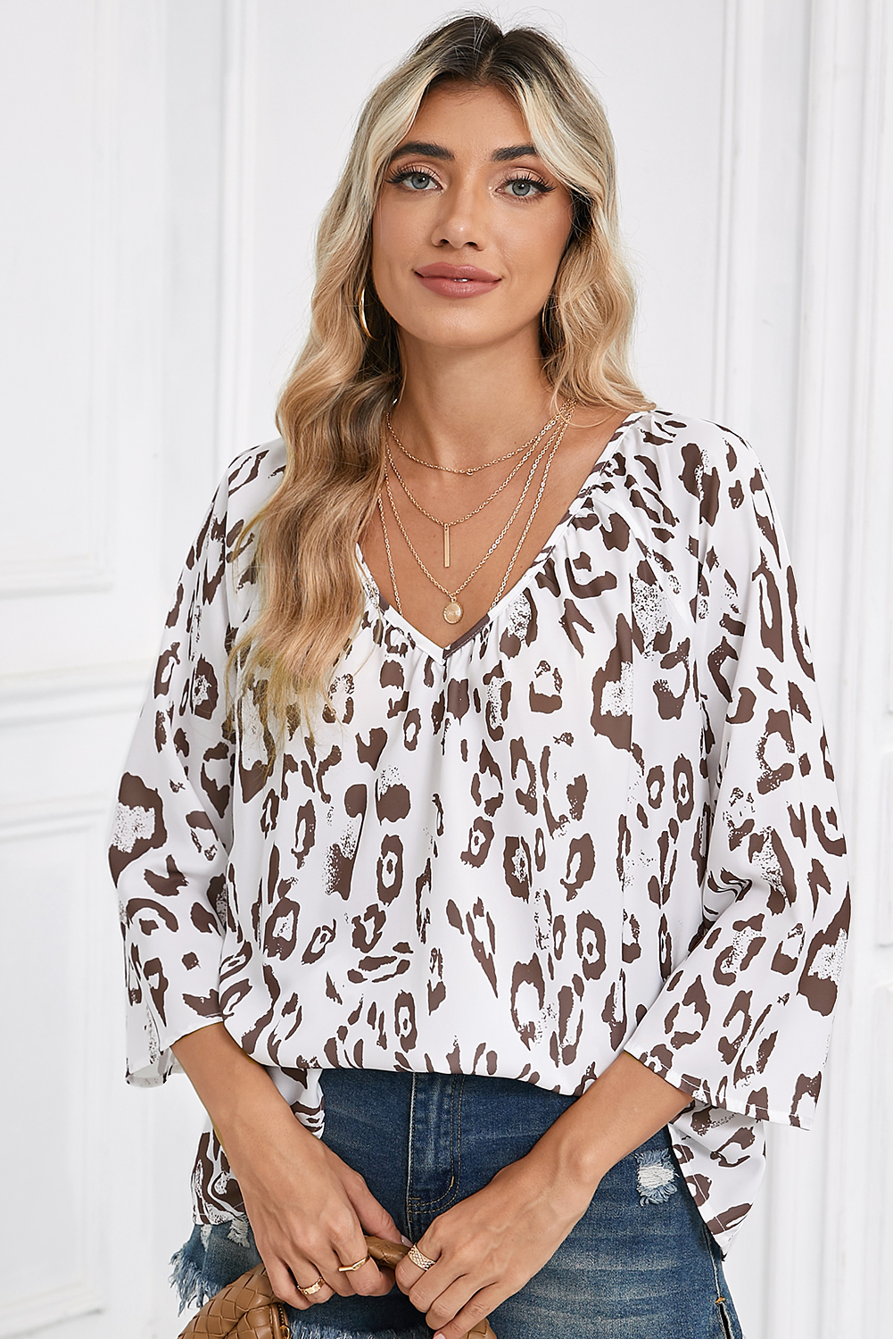 Khaki Leopard Print V Neck 3/4 Sleeve Blouse