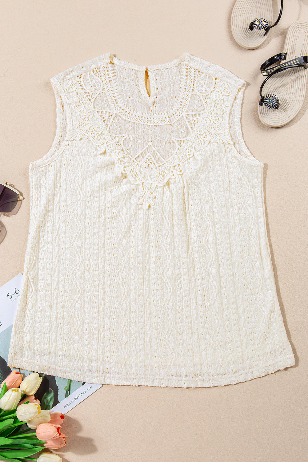 Apricot Guipure Lace Crochet Keyhole Back Sleeveless Top