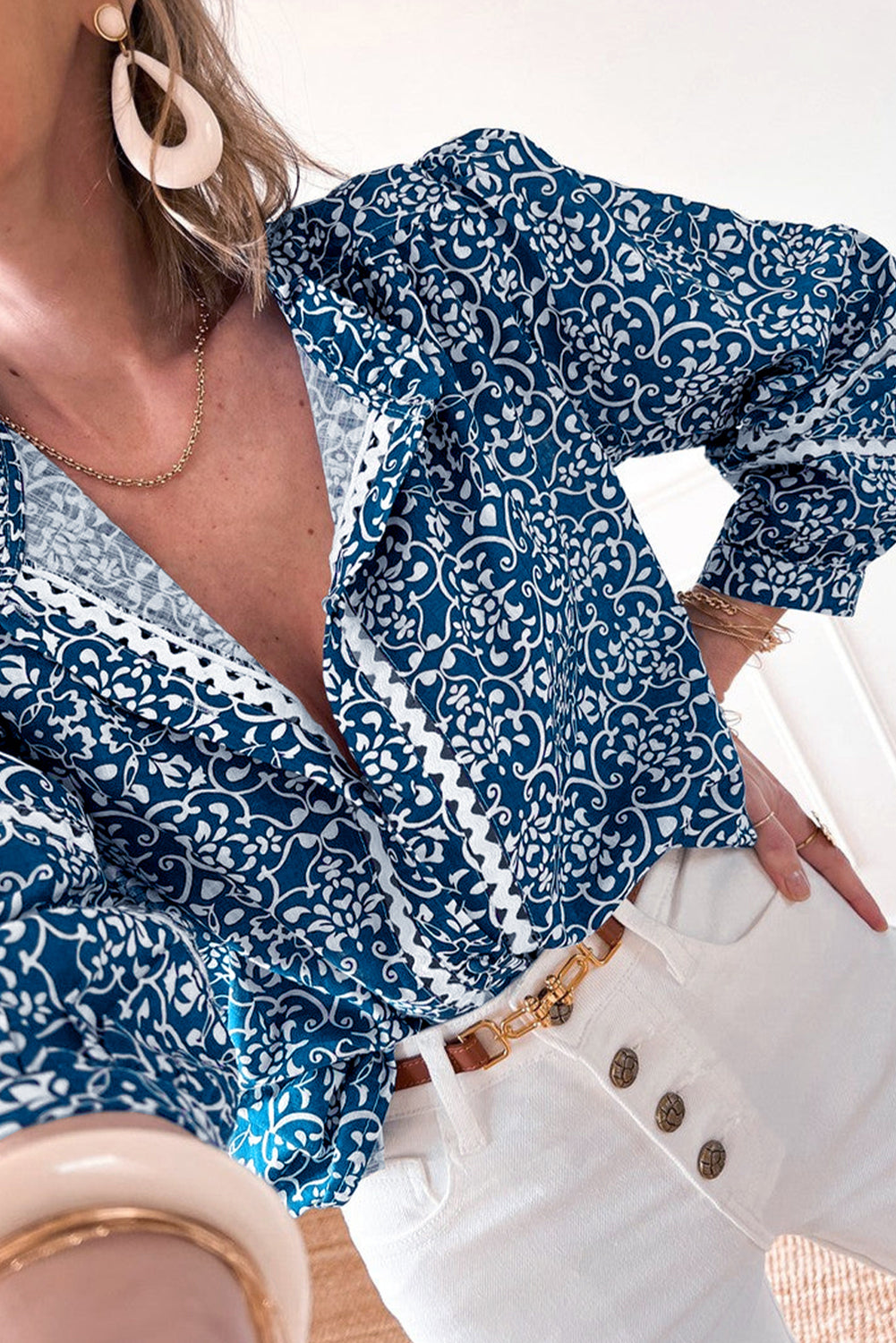 Blue Floral Ric Rac Button Loose Fit Shirt