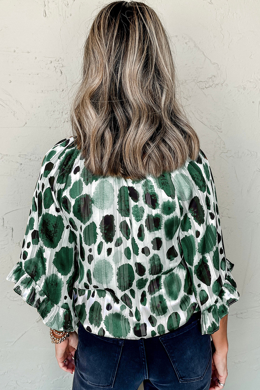 Green Abstract Print Ruffle 3/4 Sleeve Tie Neck Blouse