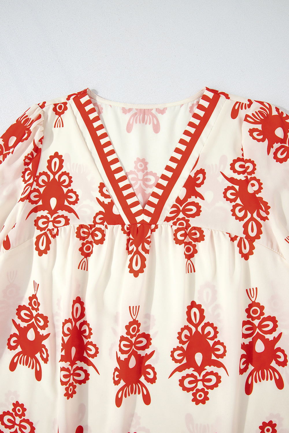 Orange Ethnic Abstract Print Puff Sleeve V Neck Blouse