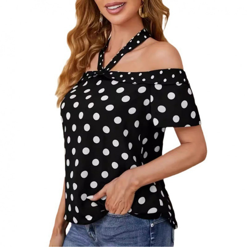 Polka Dot Off-shoulder Ribbon Halter Shirt Top For Women