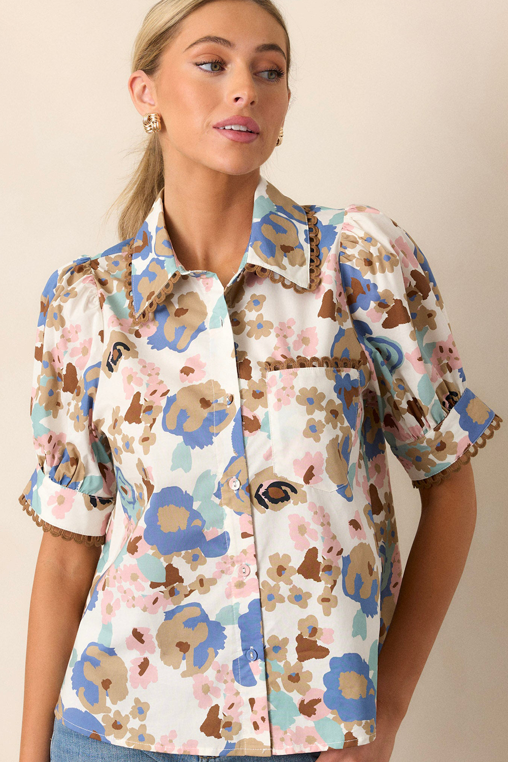 Multicolour Vintage 60s Flower Puff Sleeve Shirt