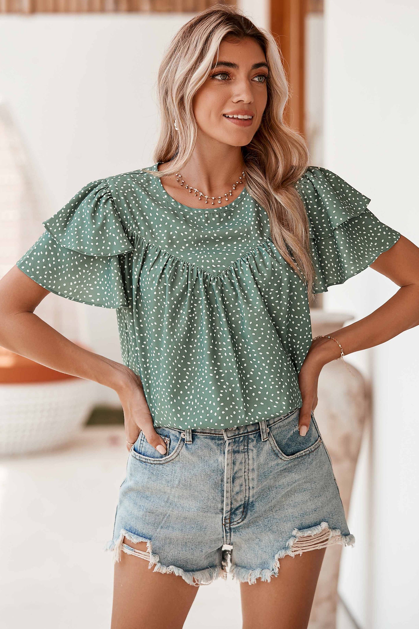 Laurel Green Spotted Print Pleated Ruffle Sleeve Blouse