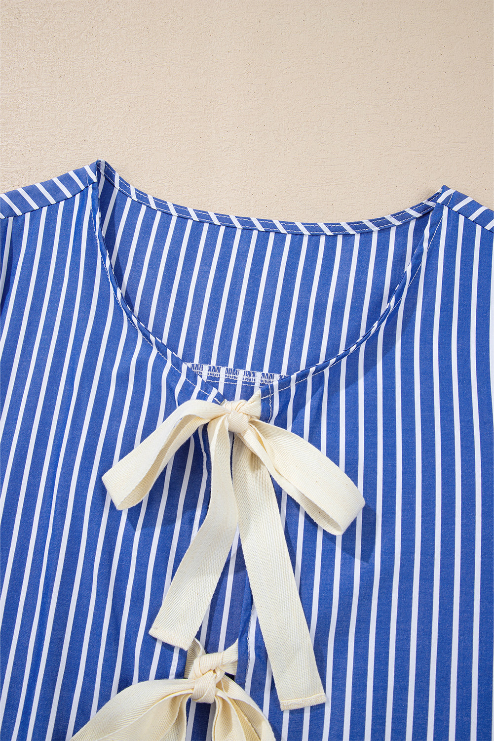 Blue Stripe Bow Tie Front Puff Short Sleeve Blouse